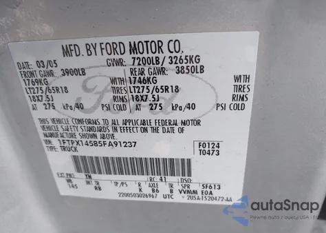 2005 Ford F-150 Fx4/Lariat/Xl/Xlt from USA, damaged, VIN 1FTPX14585FA91237